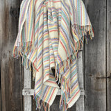 Krāsainas svītriņas uz piena balta fona aitas vilnas pleds ar bārkstīm