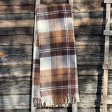 Riekstu brūns/tumši brūns/balts rūtains 100% aitas vilnas pleds ar bārkstīm, 170x210cm