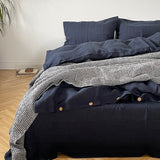 Tumši jūras zila toņa mīkstināta lina gultas veļas komplekts